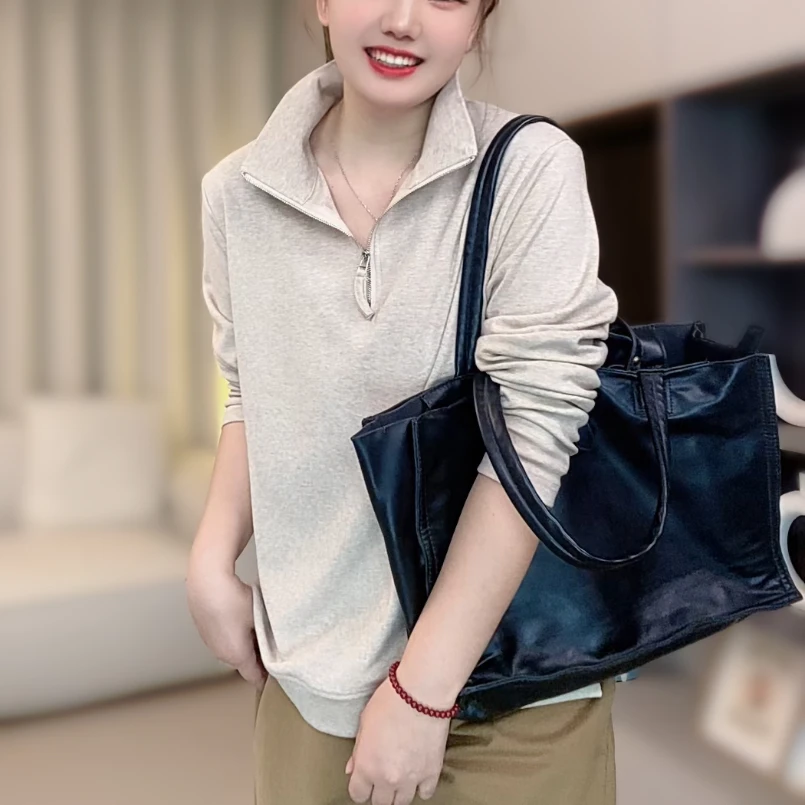 新款秋季拉链立领长袖T恤宽松休闲百搭显瘦妈妈高档女装大码上衣