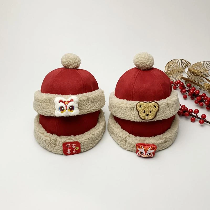宝宝帽子秋冬儿童男女地主帽红色喜庆周岁加绒加厚冬天保暖过年帽