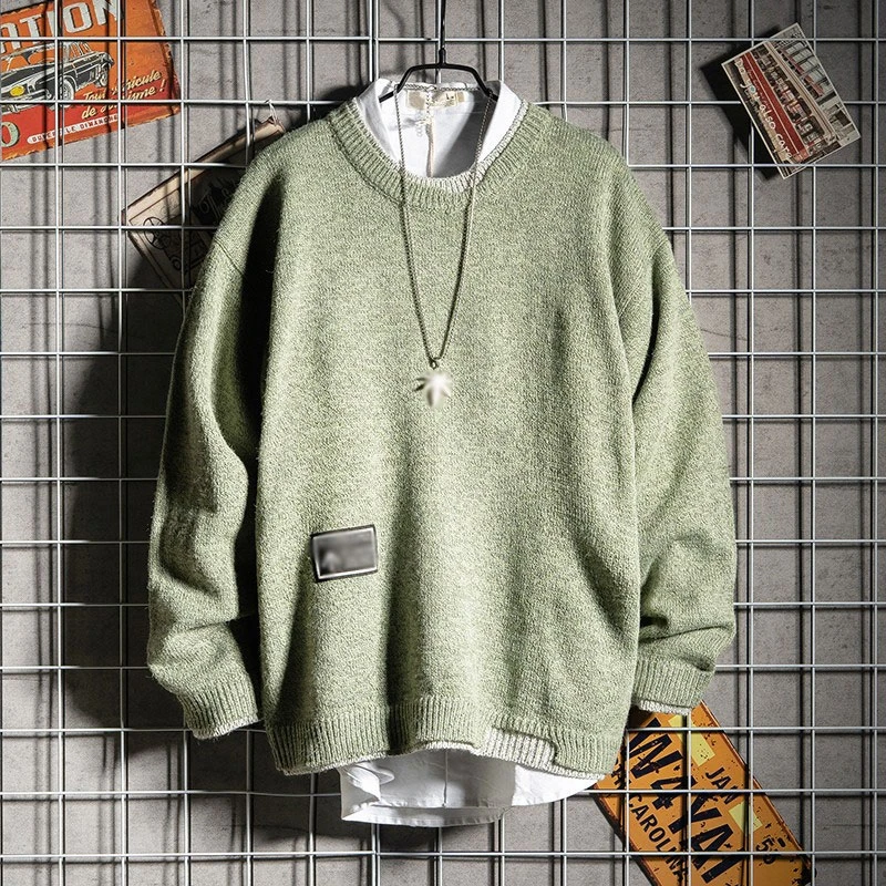 仓石一树日系假两件圆领毛衣男韩版青少年保暖针织衫秋冬打底衫男