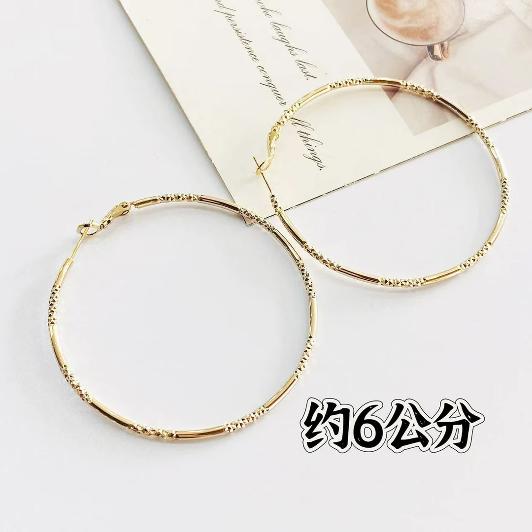 铜合金耳饰 c72小众设计6公分耳圈气质浅金色车花圈圈耳环6125