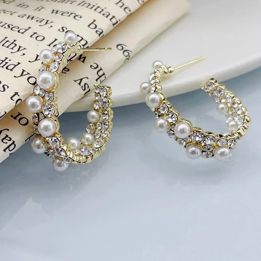 铜合金仿珍珠耳饰 a542小香风米珠C圈耳环气质时尚米珠银针45176