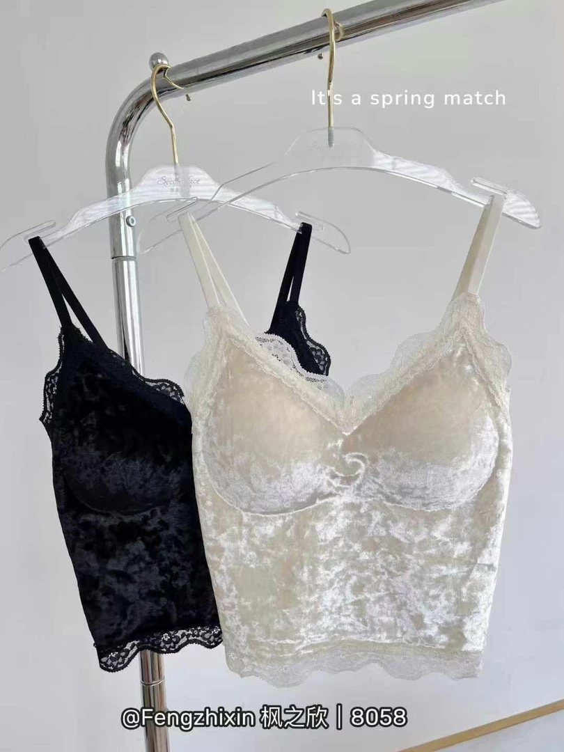枫之欣8058时尚蕾丝花边水晶绒无痕吊带背心带胸垫内搭美背抹胸女