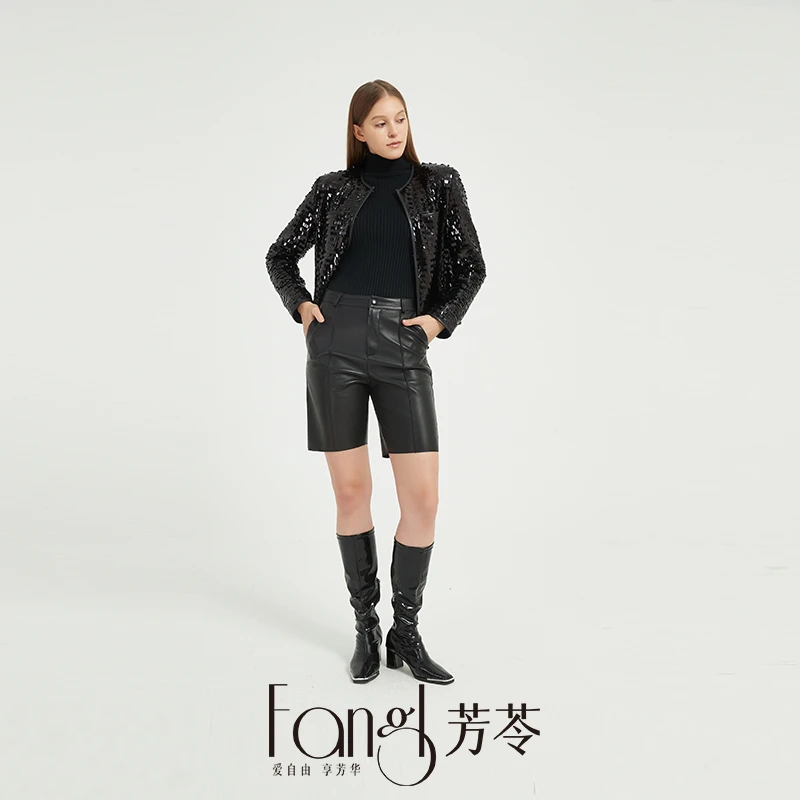 【芳苓】时尚女外套轻奢羊皮亮片夹克