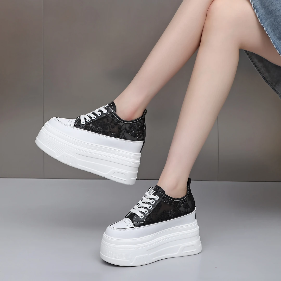 超高跟12cm松糕小白鞋女夏季蕾丝网面透气新款小个子厚底休闲网鞋