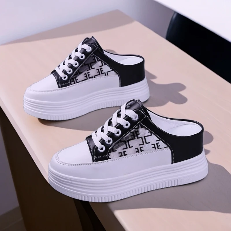 跟高7cm夏季网纱透气外穿包头半拖鞋女时尚百搭一脚蹬懒人休闲鞋