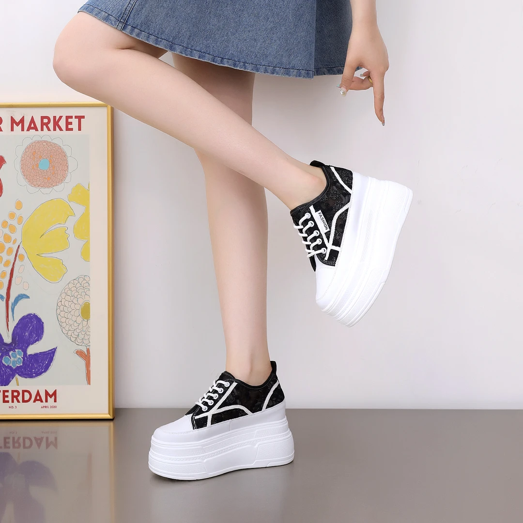 超高跟10cm内增高网面刺绣小白鞋夏季新款松糕厚底10cm休闲运动鞋