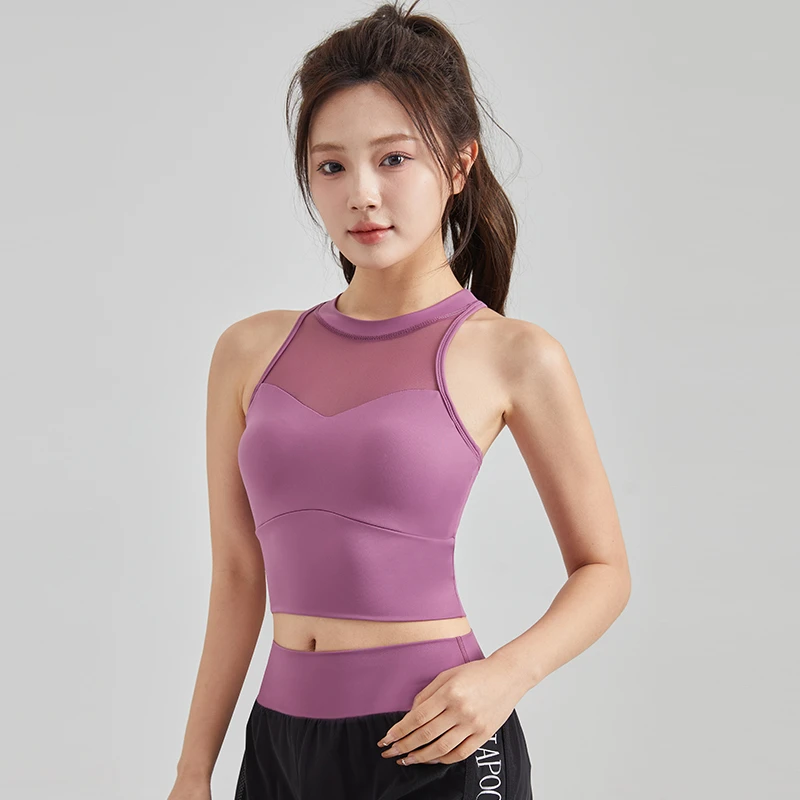 瑜伽服女无袖运动背心外穿带胸垫网纱跑步上衣速干防震训练内衣