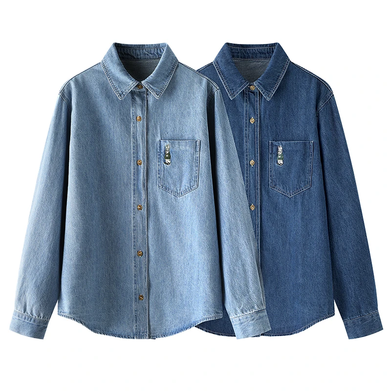 时尚牛仔衬衫2025新款休闲百搭韩版纯色翻领叠穿衬衣2319T