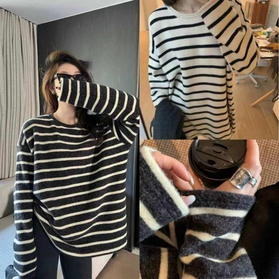 韩系百搭设计感宽松百搭打底2024秋冬加绒显瘦慵懒风条纹上衣女T