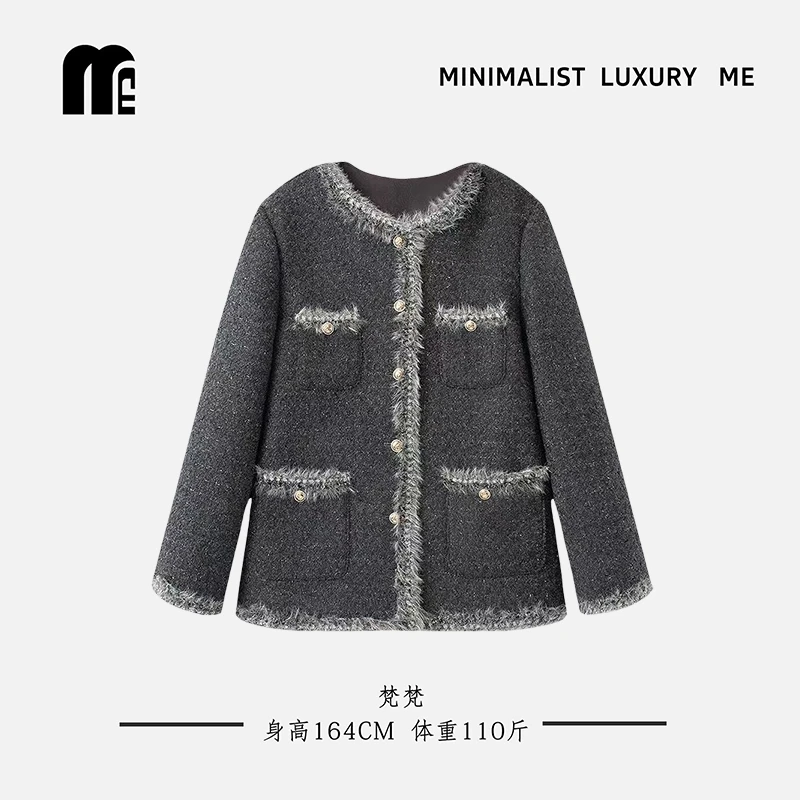 【M&E】时尚潮流设计感小香风棉服2024秋冬款夹棉单排扣长袖外套