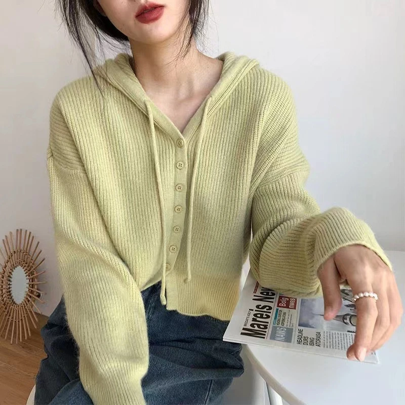 短款洋气高腰显瘦连帽开衫针织衫外套女2025春秋新款慵懒风毛衣