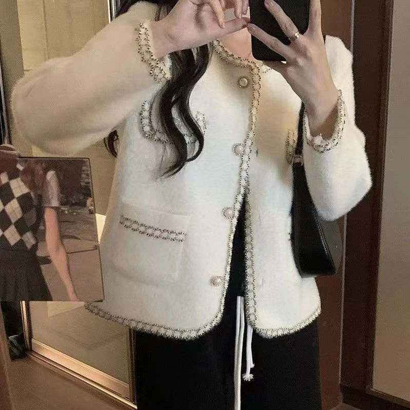 116气质仿水貂绒针织开衫外套女2025秋冬新款小香风洋气宽松百搭