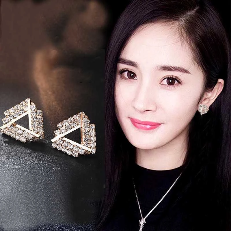 铜合金耳饰 S925银针水钻三角耳钉女韩版高级感小众女新潮款耳饰