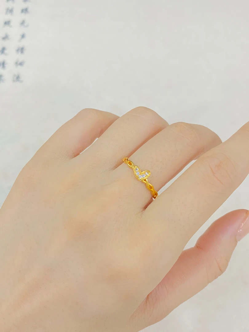 足银戒指 心形钻戒包金工艺银戒指表层包金开口可调节轻奢简约戒