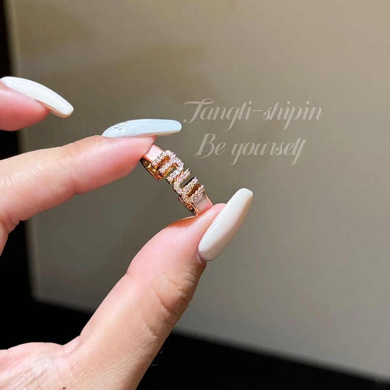 铜合金合成锆石戒指 镶钻字母锆石开口戒指高级感食指戒FS1054