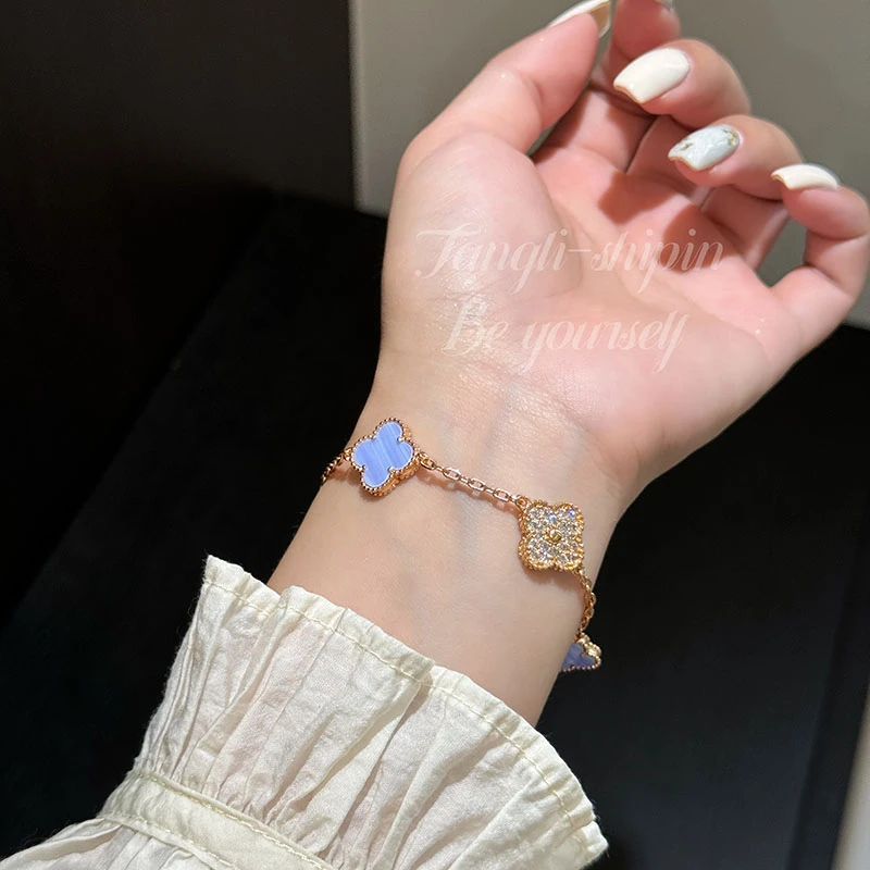 铜合金合成锆石手链 蓝色四叶草镶钻手链简约精致高级气质FS991