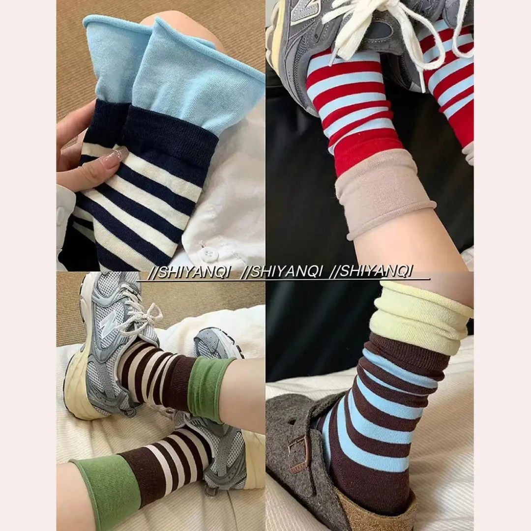 【4双装】精致韩girl"季风月亮岛"小众双袜口拼色堆堆袜