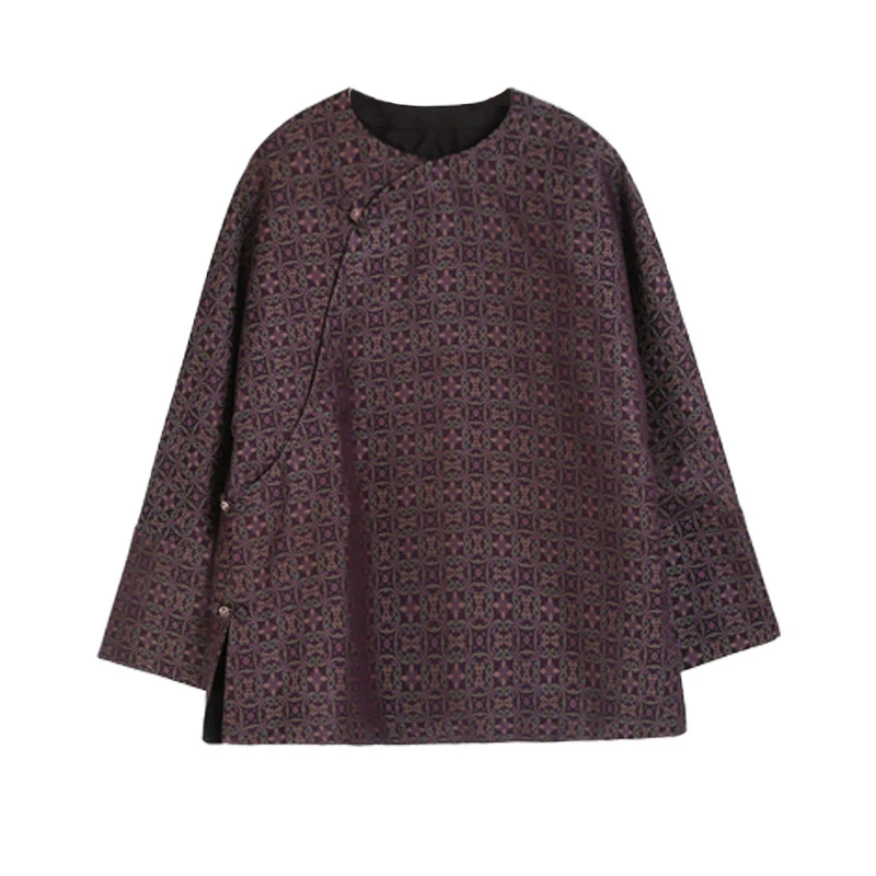 40姆米如意连钱纹满桑前喷香云纱老宋锦立领对襟五福外套12519-4