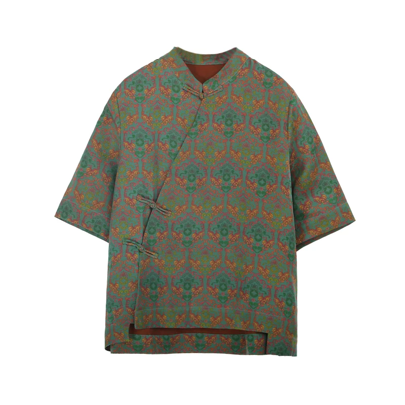 25姆满桑红云纱花罗宝相花苍莨绿立领斜襟前短后长上衣12385-5