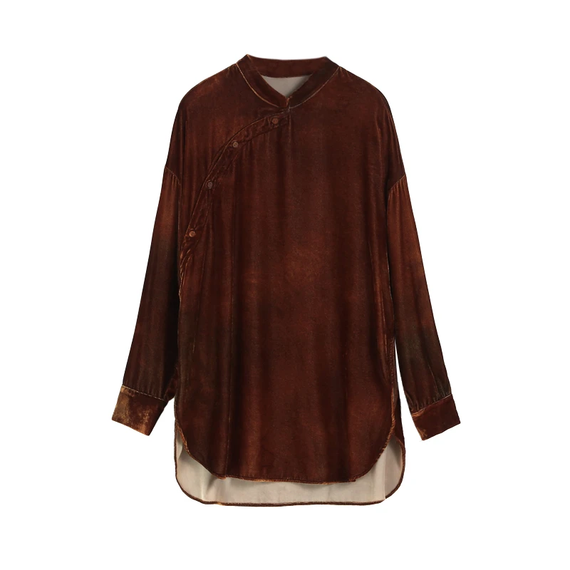 48梭加厚扎染真丝丝绒斜襟长款衬衣YZ4WS317