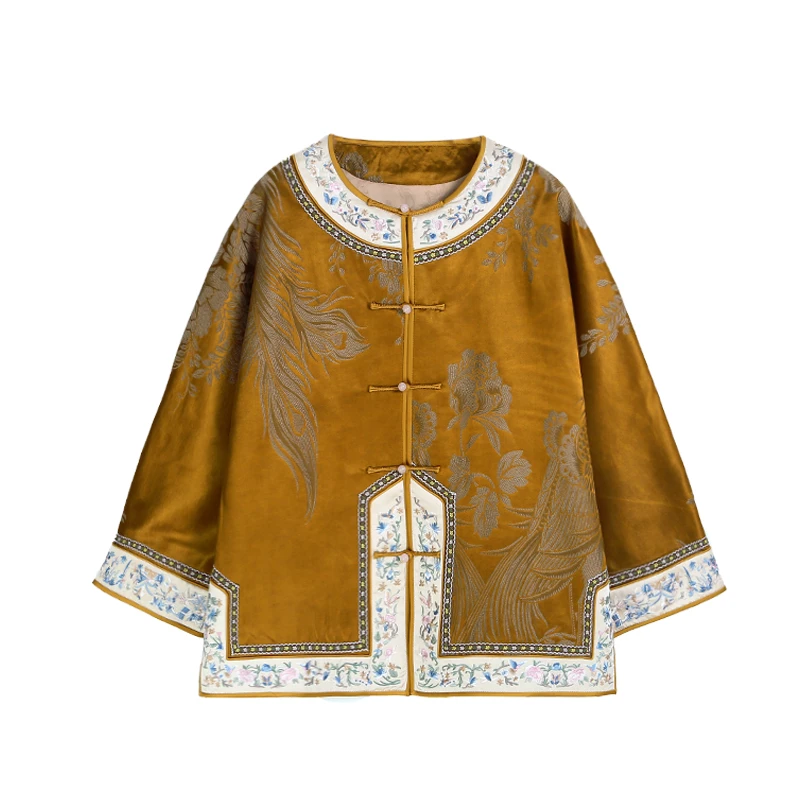 40姆米桑蚕丝香云纱重锻提花正襟一字扣重工绣花内衬外套H35840L