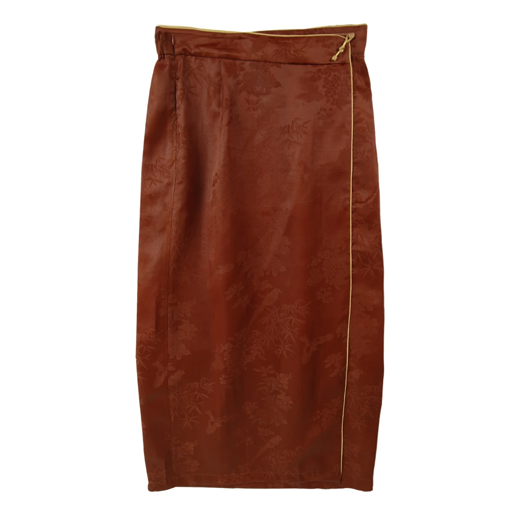 25姆满桑桑波缎红云纱花罗花鸟翠竹红云纱色侧开叉包臀裙12377-5