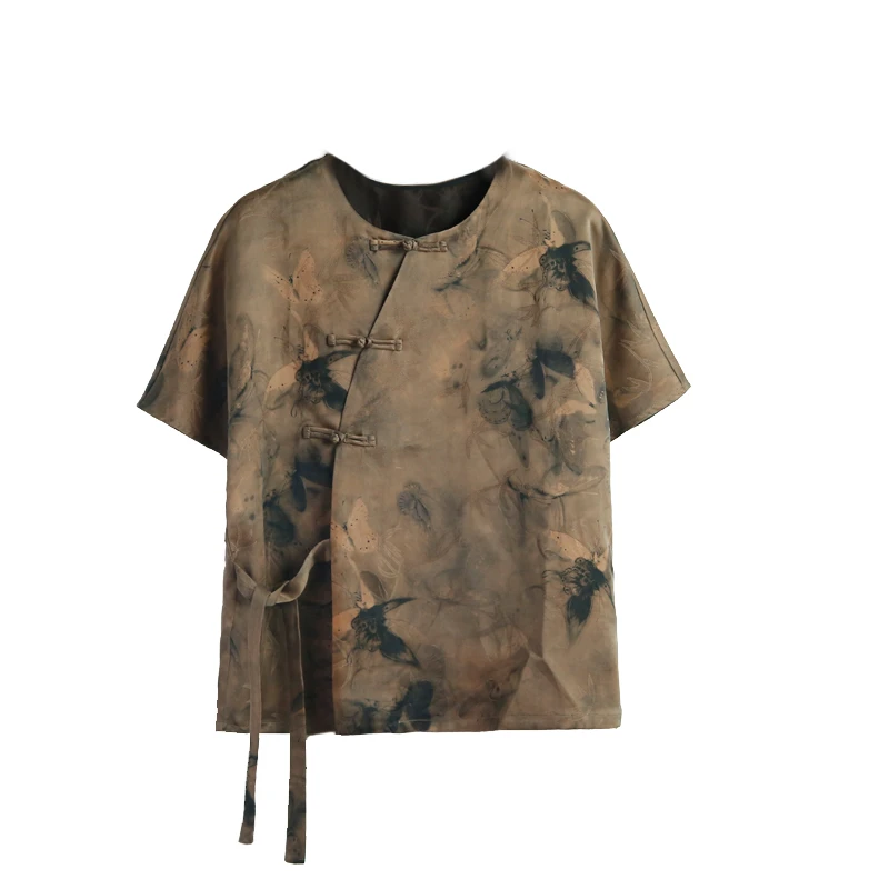 25姆满桑红云纱花罗珠子褐蝴蝶圆领斜襟国风连肩上衣12419-4