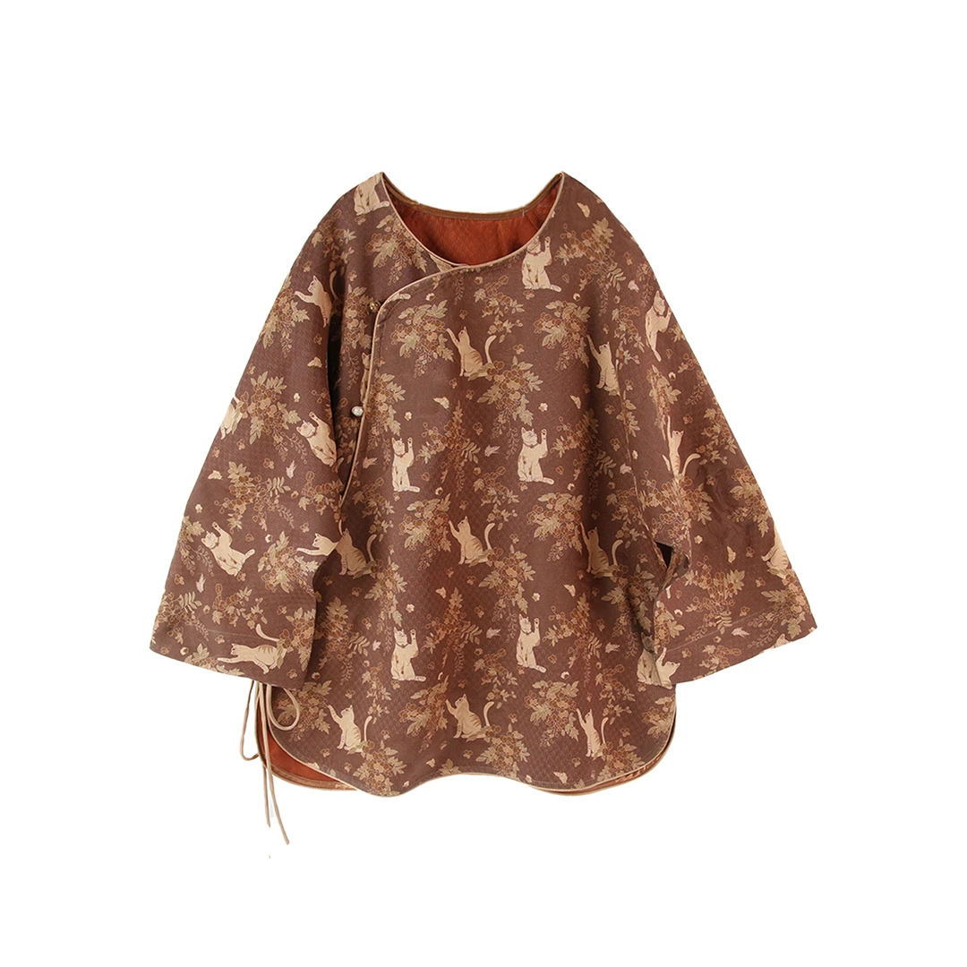 25姆米满桑红云纱花罗矿金色猫的日记斜襟系带国风上衣12361-10