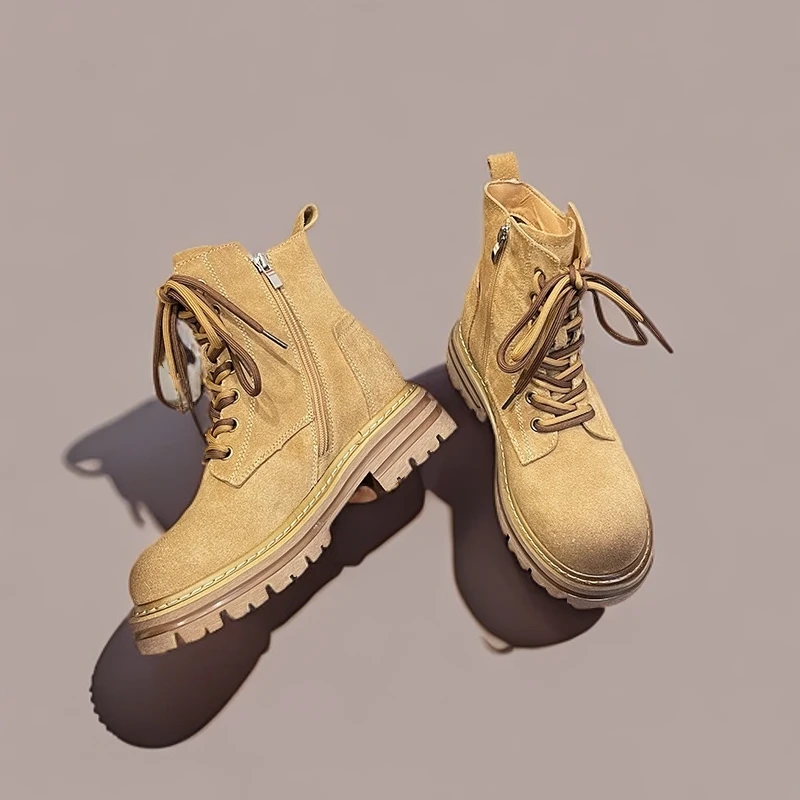 马丁靴女2024秋冬新款软皮软底复古女短靴牛反绒磨砂工装靴英伦风