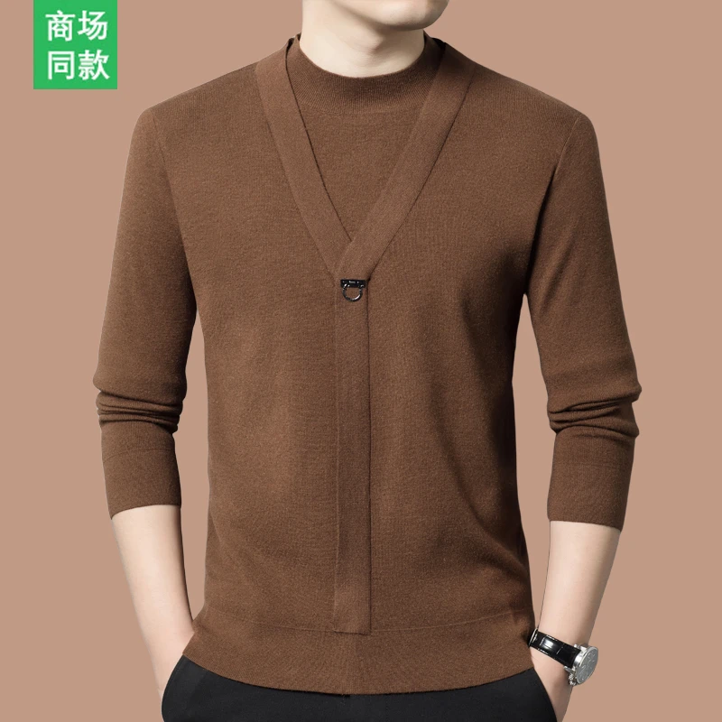 意大利【潮流时尚】男士假两件毛衣细羊毛休闲黑色打底衣纯色毛衫