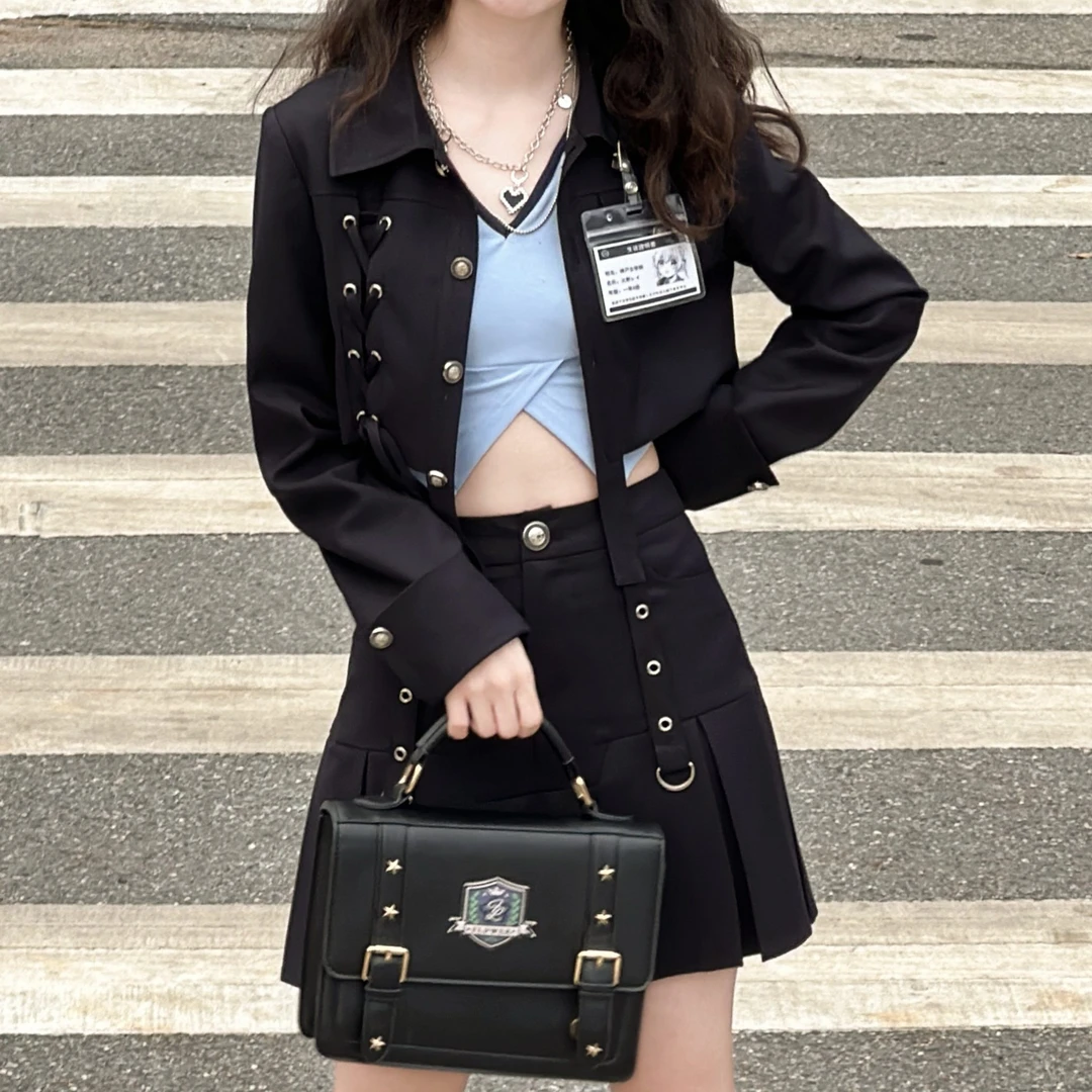 克兰曼歌 织物猪原创 露腰短西服学院风西装日系春季jk制服