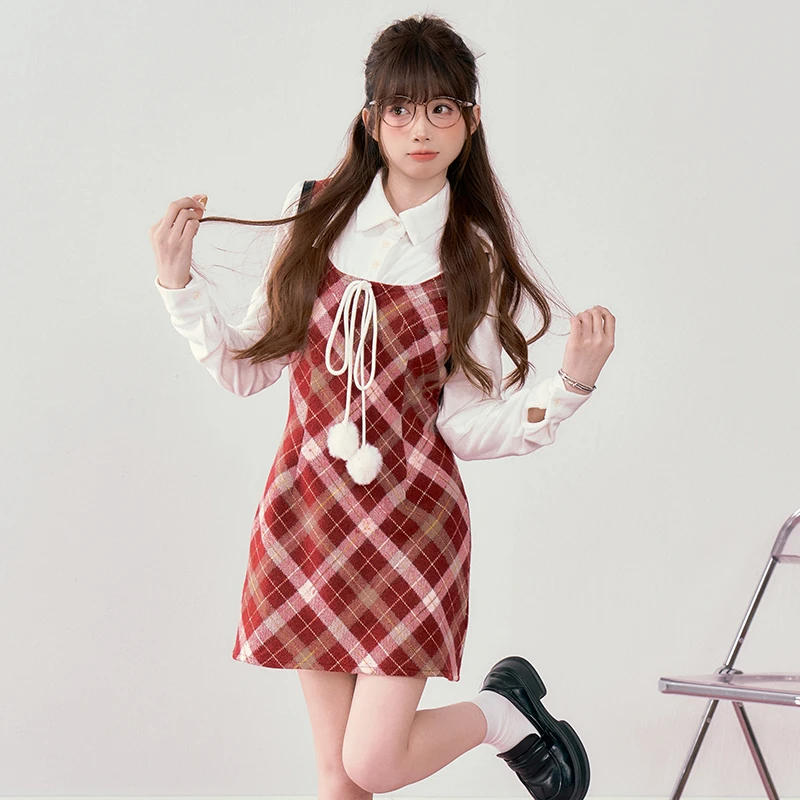 草莓酸奶裙 织物猪原创 收腰显瘦学院风假两件连衣裙短款外套JK