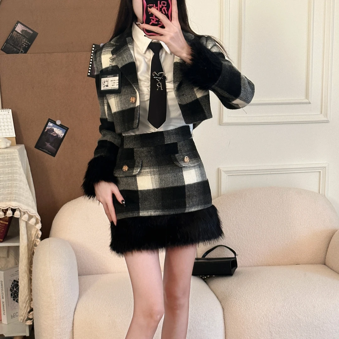 柏林日夜 织物猪原创 秋冬黑灰格千金感收腰显瘦气质学院风JK制服