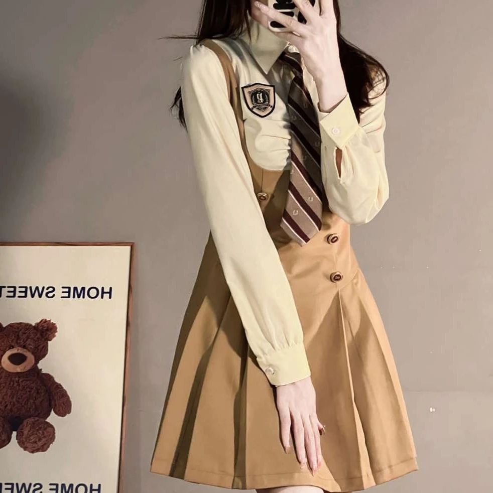 江原女高 织物猪原创jk制服学院风温柔气质收腰衬衫卡其色连衣裙