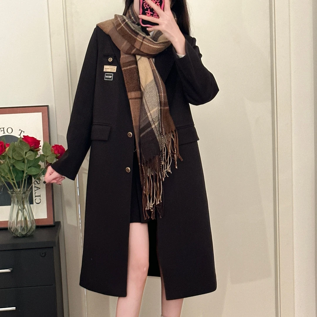 巴黎夜曲 织物猪原创 黑色箱褶裙学院风长款黑色呢子外套JK制服