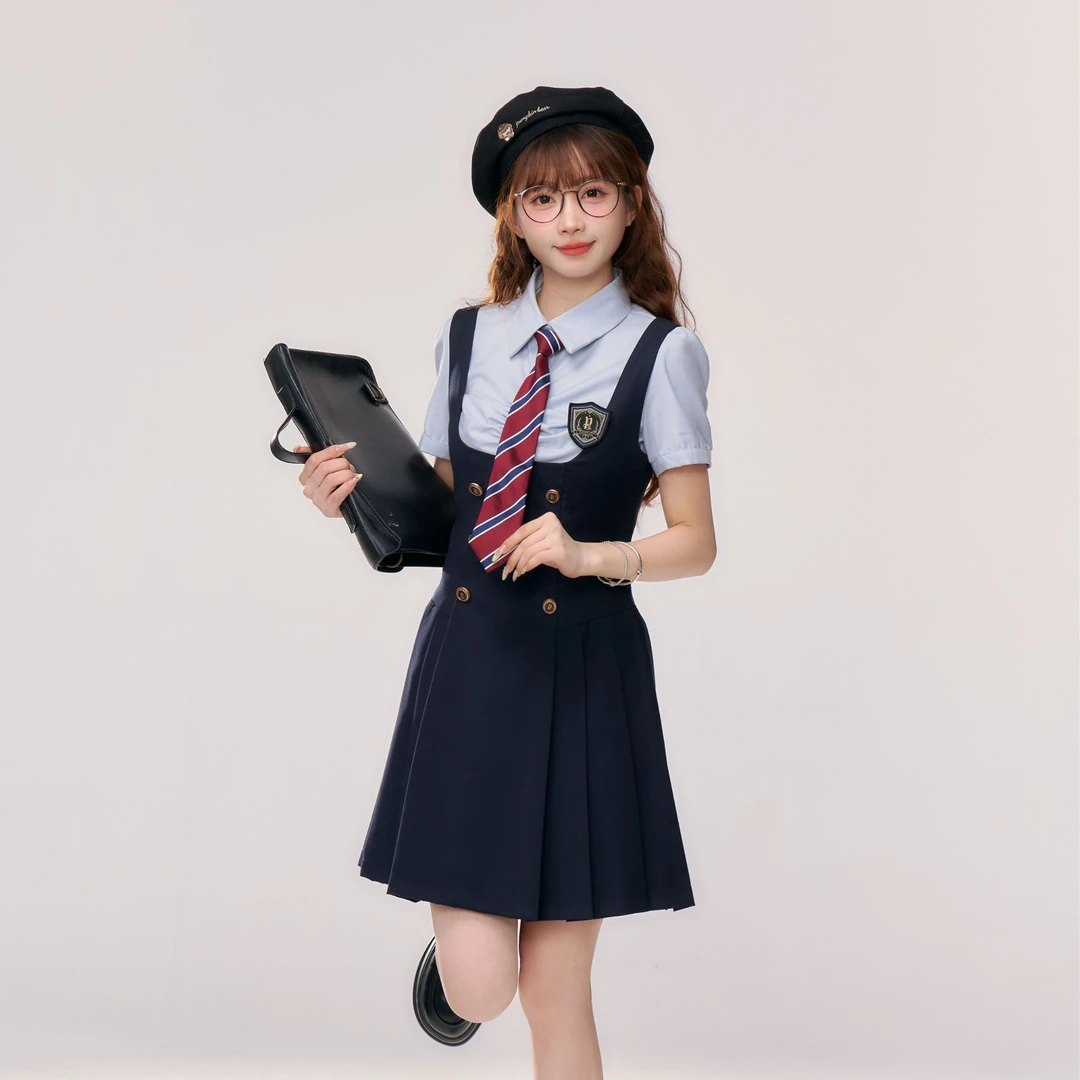 江原女高 织物猪原创 蓝色学院风收腰显瘦美式背心裙 jk制服