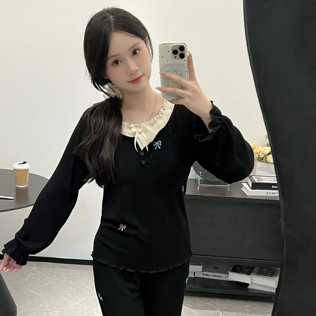 纯欲风蝴蝶结新款ins风长袖睡衣秋季带胸垫家居服套装