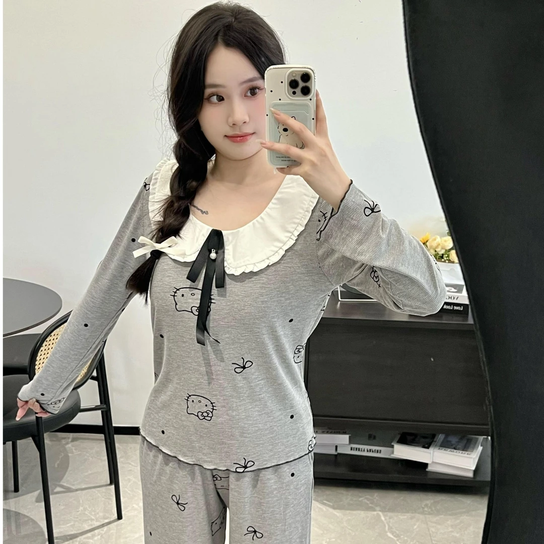 蝴蝶结猫咪ins风长袖睡衣秋季带胸垫家居服套装