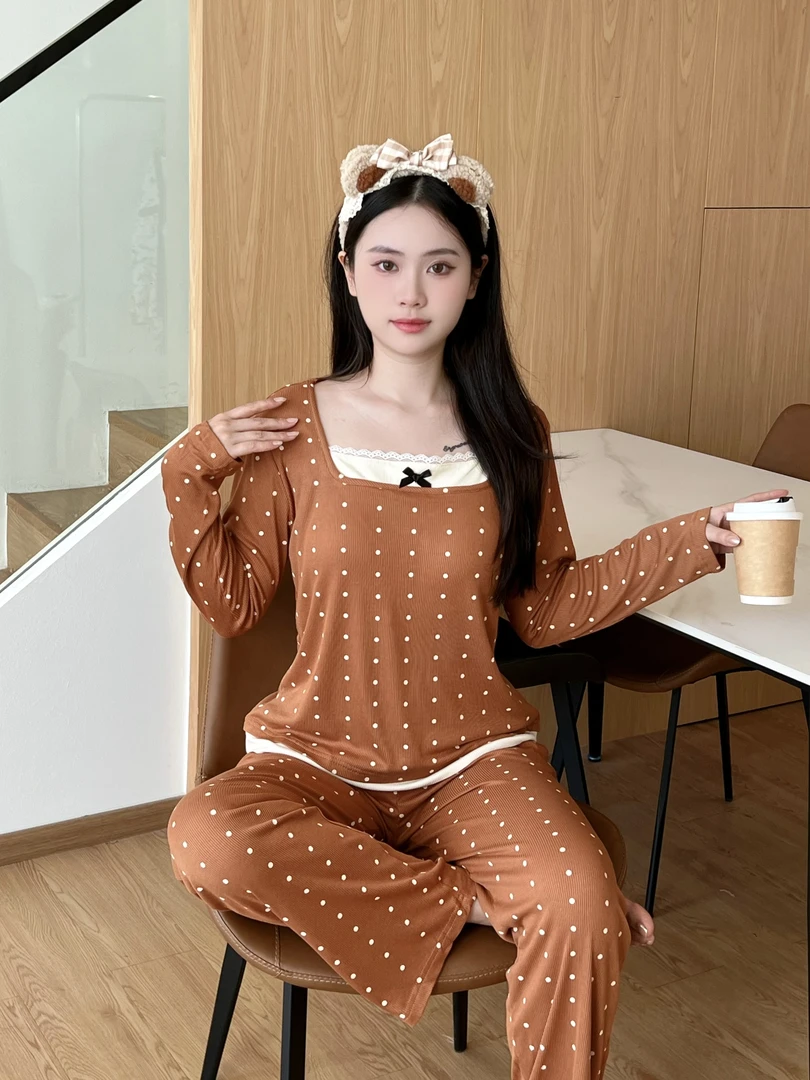 纯欲风ins风长袖睡衣秋季带胸垫家居服套装