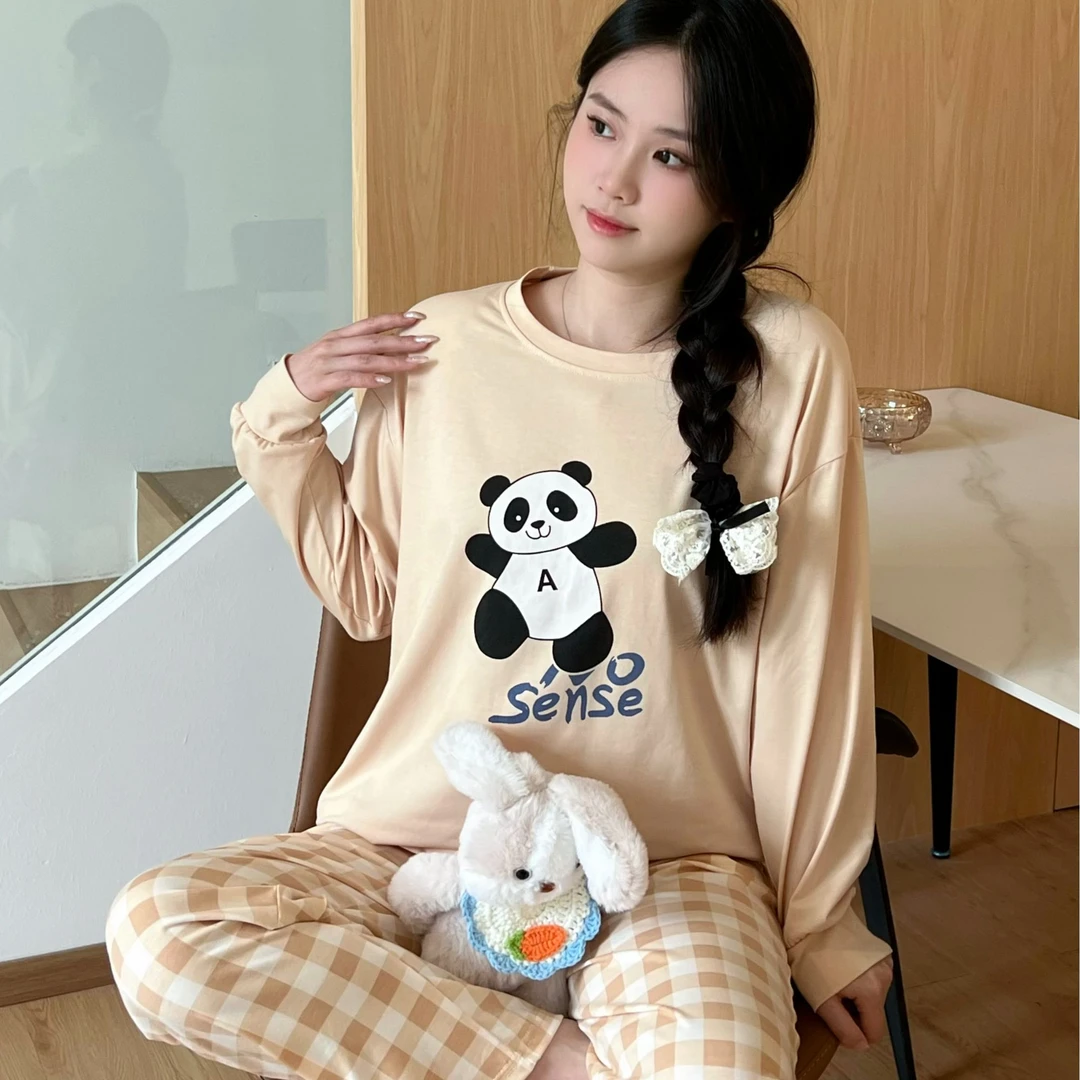 【带胸垫】秋冬品牌睡衣纯棉家居服套装可爱长袖格子长裤