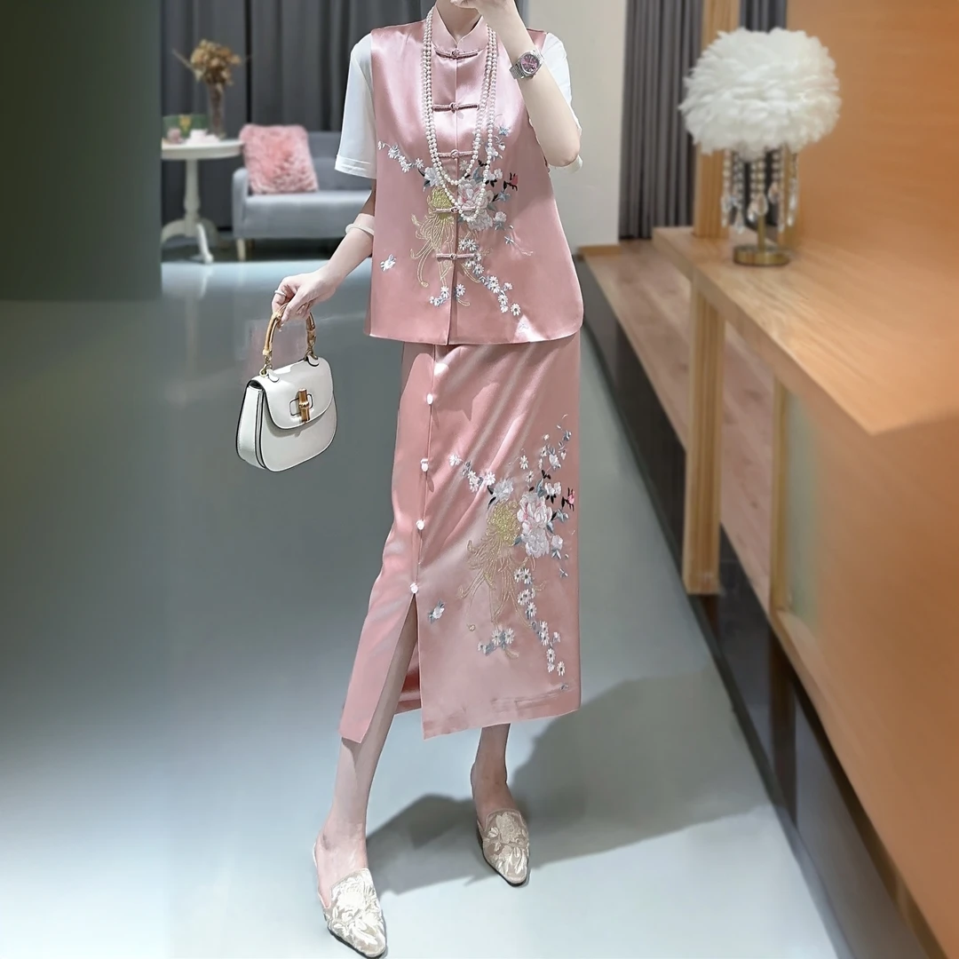 (气质女人)新中式复古立领半身裙两件套中国风重工刺绣套装23621