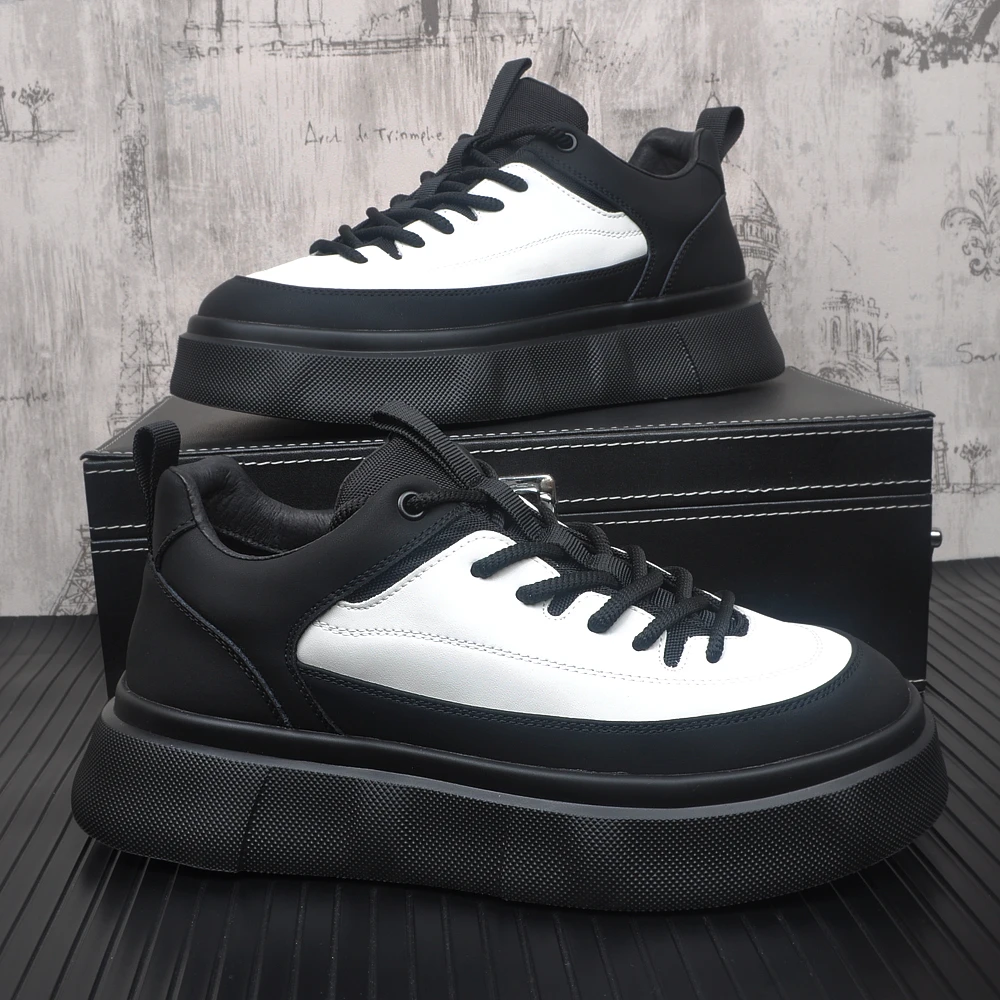 新款男款百搭拼色面包鞋真皮透气板鞋厚底老爹鞋高级感时尚休闲鞋