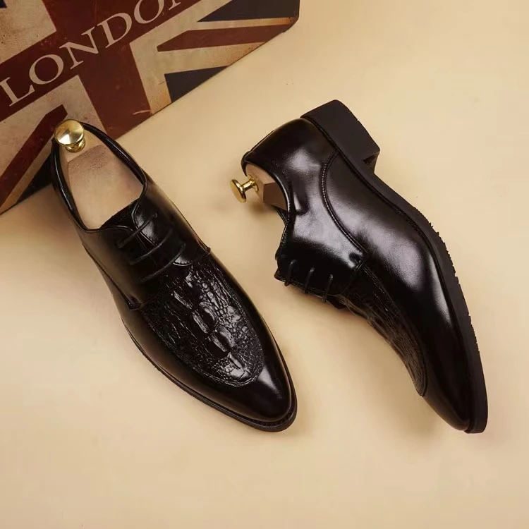 商务正装办公室英伦尖头男士真皮皮鞋鳄鱼纹结婚潮皮鞋内增高透气