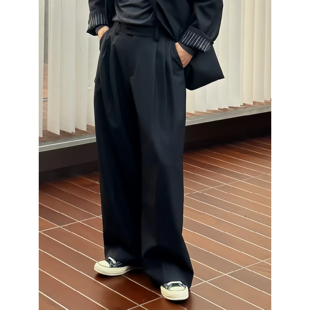 XUMA 秋季410g高密羊毛精纺面料三褶复古直筒宽松阔版西装裤