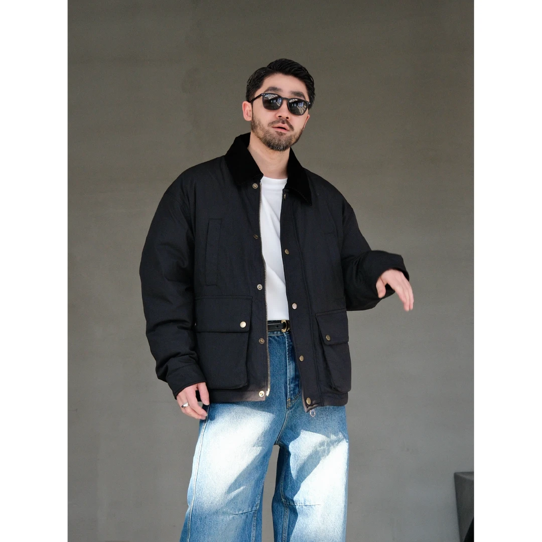 XUMA 冬季正装翻领对称门襟大口袋猎装老钱短宽型轻羽绒夹克