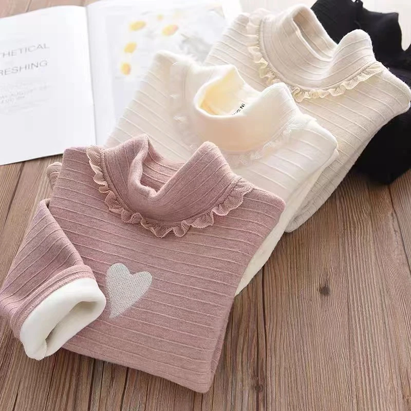 女童加绒打底衫2024冬装儿童花边领针织衫女孩加厚保暖T恤上衣潮