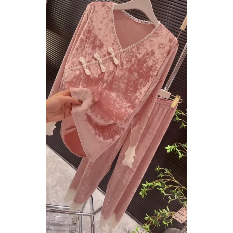 轻奢高端大气柔软舒适保暖金丝绒菲菲袖新中式盘口家居服套装