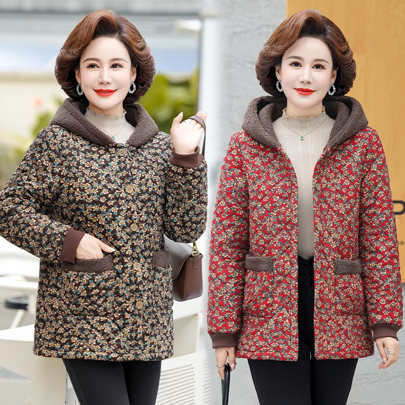 【熊夫人】冬季新款妈妈装加绒保暖连帽棉袄洋气加厚老年人冬装棉衣