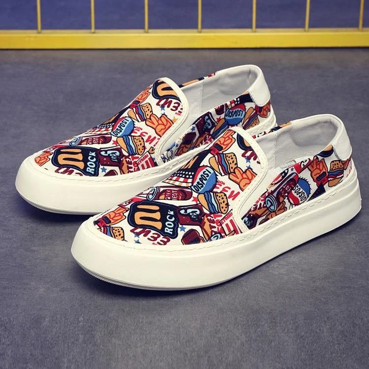 厚底新款韩版潮流男士一脚蹬板鞋透气个性休闲乐福鞋印花布鞋潮鞋