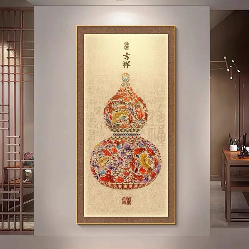 花瓶葫芦玄关装饰画柿柿如意新中式入户正对门晶瓷画走廊过道挂画